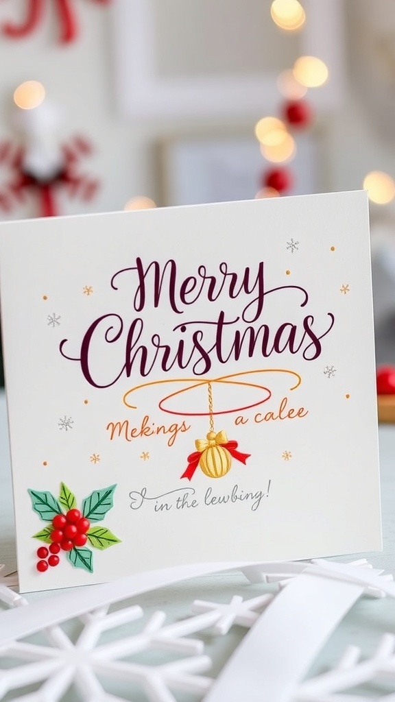 A festive Christmas card with elegant calligraphy and decorative elements.